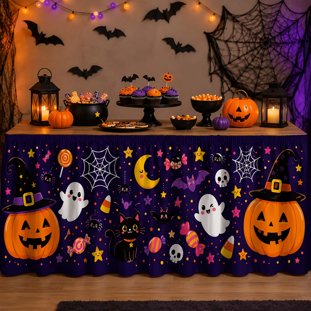 One table skirt, cute dwarf Halloween table skirt pattern, dwarfs, pumpkin lanterns, pumpkinsxzj