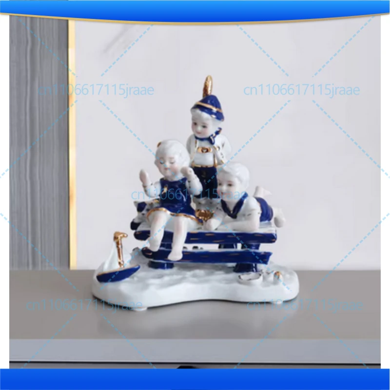 Gold-plated Porcelain European Figures Statue Desk Decoration Blue Ceramic Musician Character Sculpture Room Aesthetic Decor