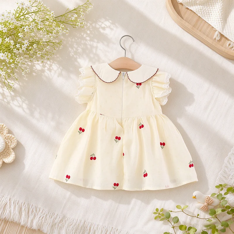 Toddler Girl Strawberry Cherry Embroidered Dress Infants Sleeveless Sundress Cute Summer Outfit For Baby Kids 0-4T Children Wear