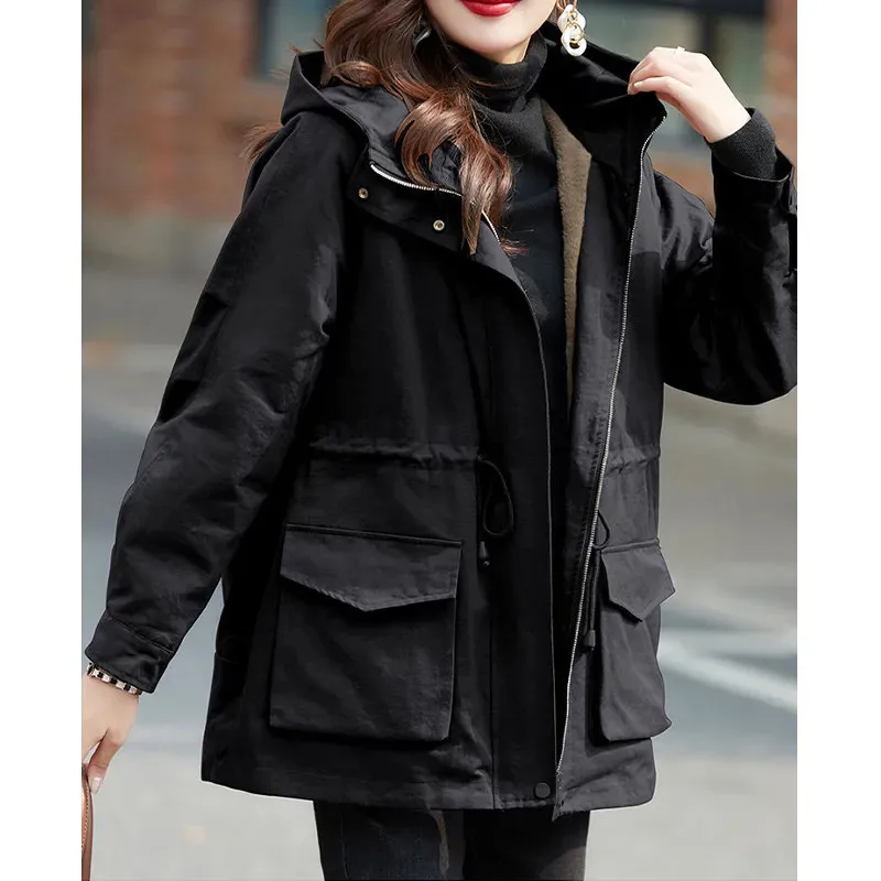 2024 New Spring Autumn Coat Women\'s Brown Black Jackets Loose Jacket Outerwear Fashion Hooded Pocket Overcoat Parka Female