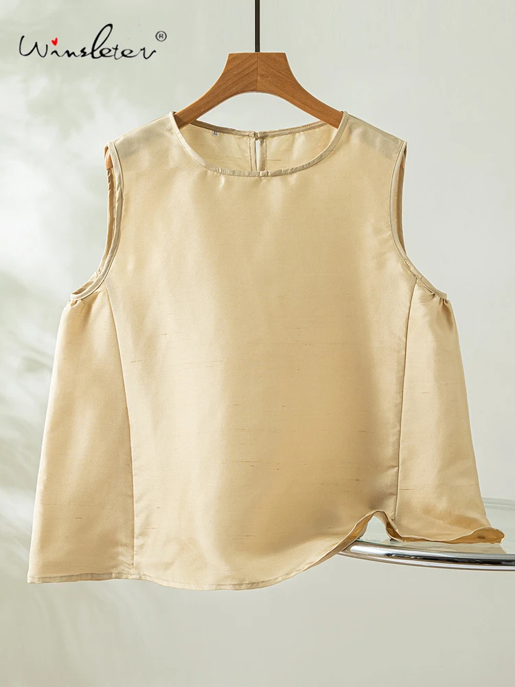 Winsleter-100%Real Silk Douppioni Elegant Vest, O Neck Solid, Women Retro OL Commute Thin Loose Vest, 2026 Summer New T65365CC