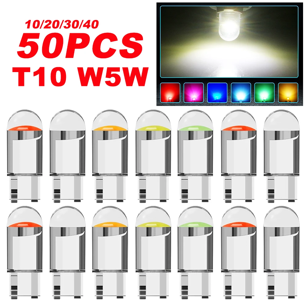 10/20/40/50 PCS W5W T10 LED Bulbs For Car Interior Dome Door Glove Box Trunk License Plate Lights COB 12V White Red Yellow Blue