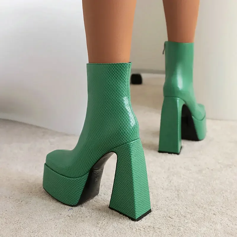 Green White Triangle Shape Thick High Heeled Woman Shoes Fashion Winter Block Heels Botines Big Size 45 46 Platform Ankle Boots