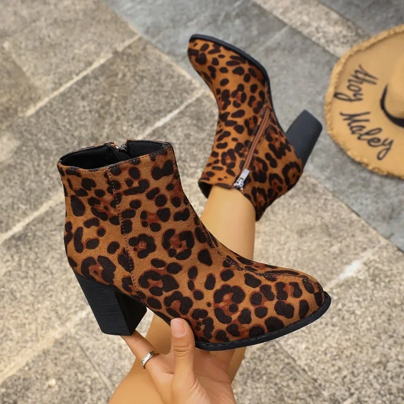 

Ботильоны 2024, весна и осень, новая мода, леопардовый принт, осенне-зимние узкие женские ботинки на каблуке с квадратным носком