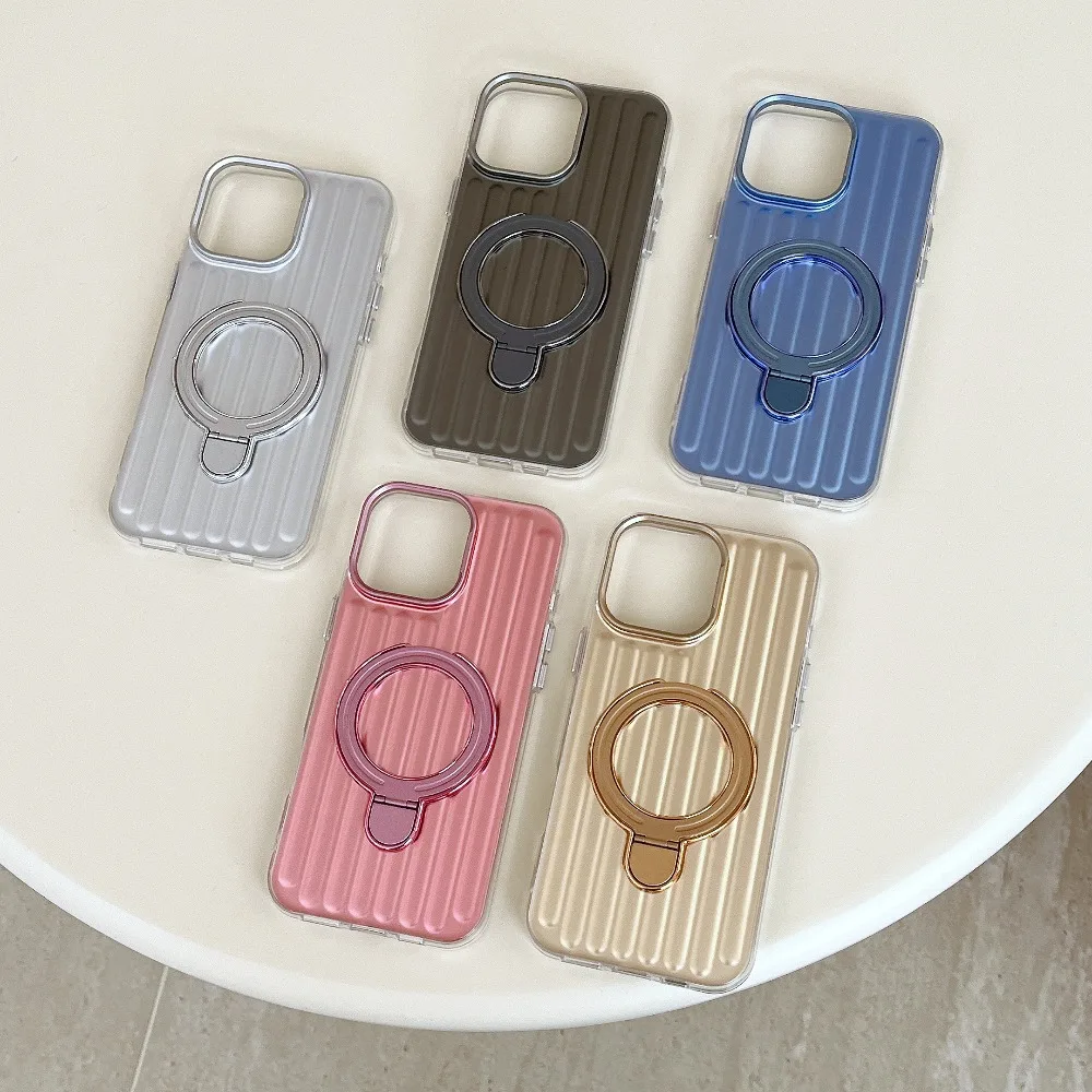 For iPhone 16 Pro Max Case Luggage Texture Kickstand Cover Aluminum Alloy Camera Frame Metal Buttons Case with iPhone 15