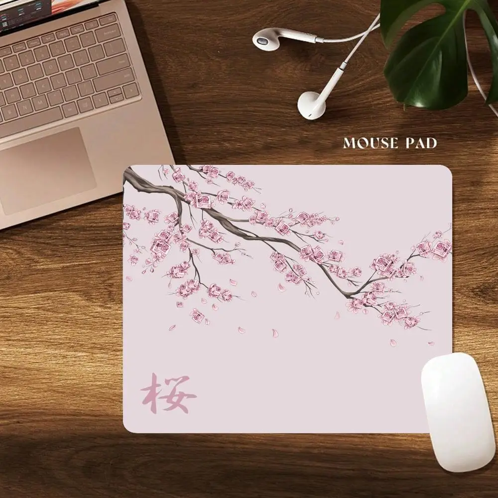 แผ่นรองเมาส์ลายดอกซากุระ ดีไซน์สวยงาม ขนาดเล็ก ขอบเย็บอย่างดี กันลื่น ทนทาน อุปกรณ์เสริมคอมพิวเตอร์ แผ่นรองสำหรับแล็ปท็อปและสำนักงาน