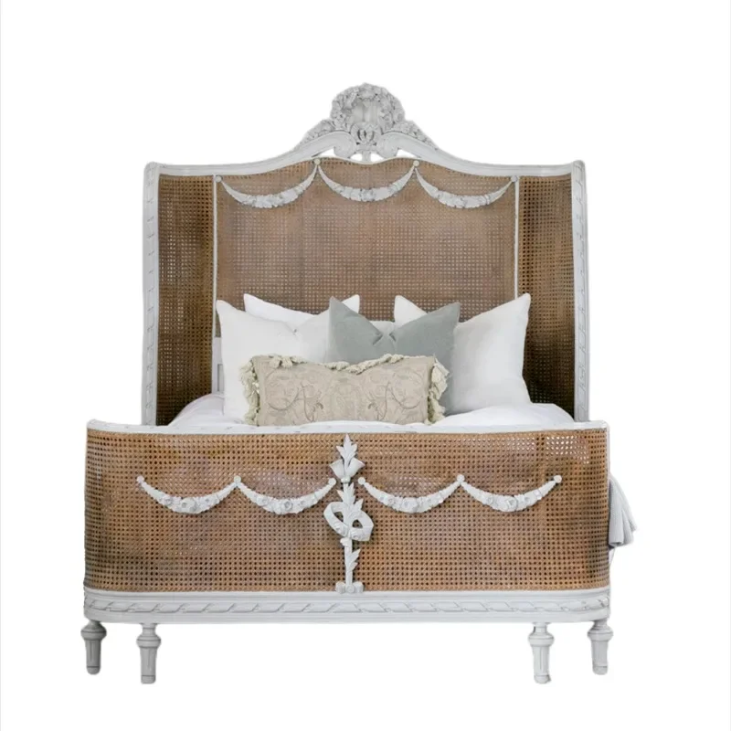 

French high-end solid wood bed, retro rattan high-back double bed, American old carved court master bedroom