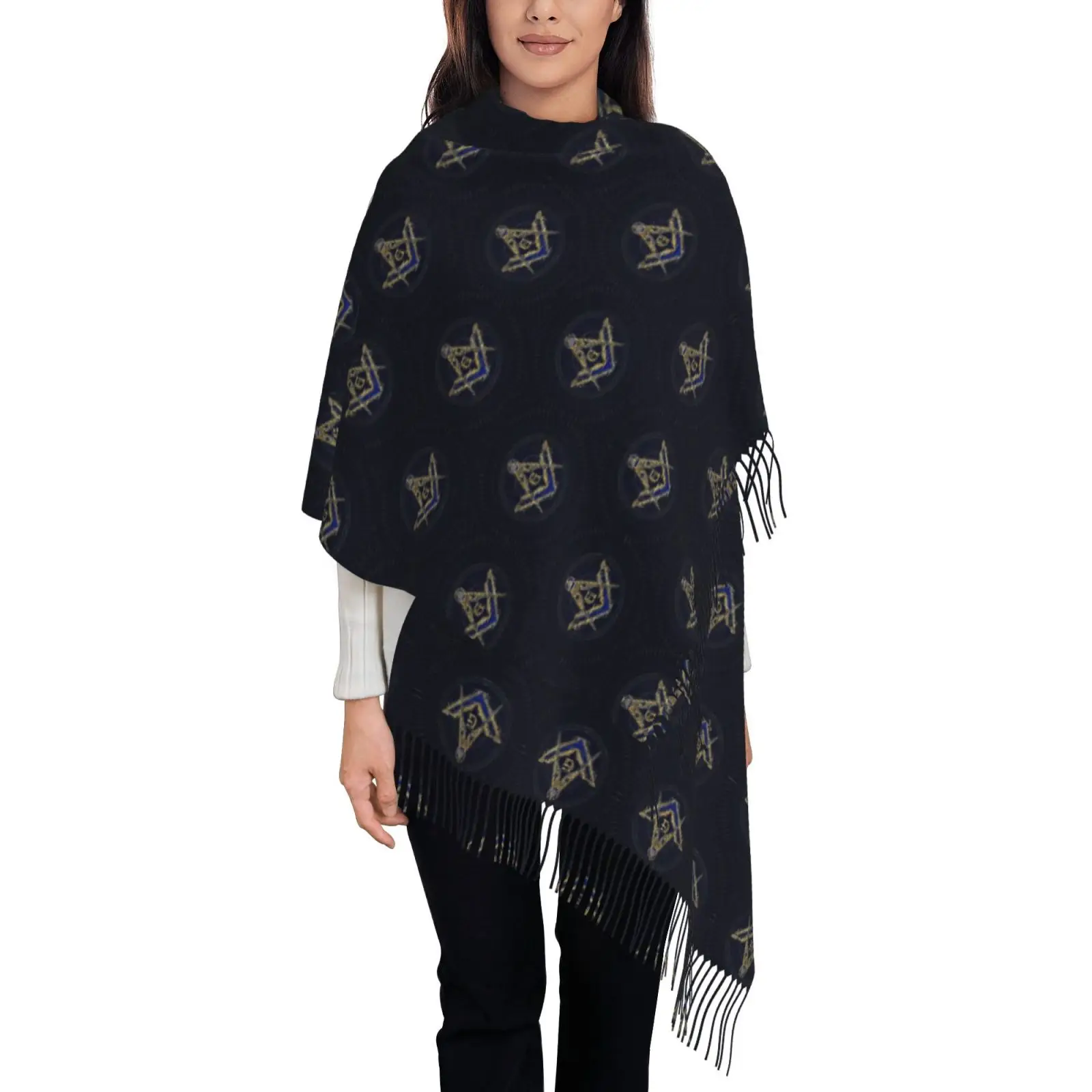 Classic Fleur De Lis Print Tassel Scarf for Women, Soft Thick Winter Warm Shawl Wrap, Elegant Daily & Formal Occasion Outerwear