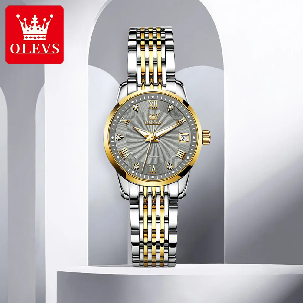 Olevs orologi di marca di lusso da donna in acciaio inossidabile dorato orologio automatico da donna elegante orologio da polso Daydate Montre Femme