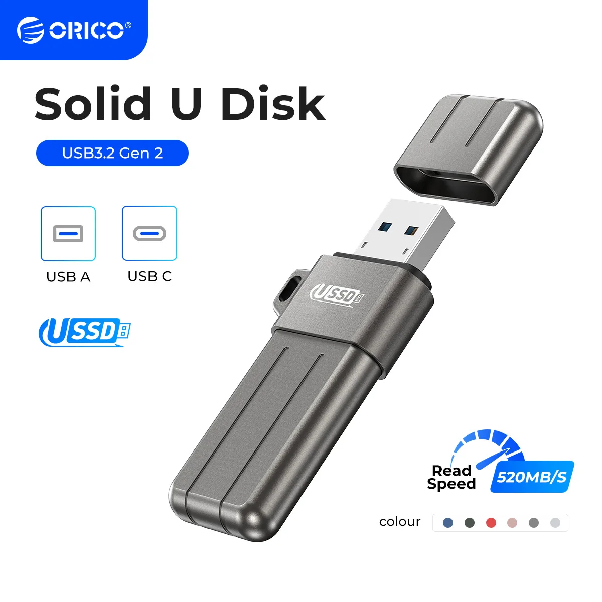 ORICO USSD Mobile Solid U Disk 520 ميجابايت/ثانية محرك فلاش 1 تيرا بايت 512 جيجابايت 256 جيجابايت Type-C USB 3.2 PenDrive قرص U معدني ملون