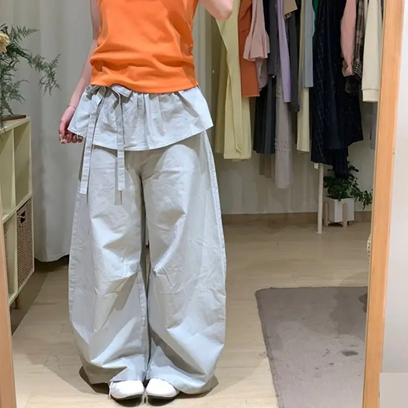 

Deeptown Gray Ruffles Patchwork Oversized Women Cargo Pants Solid Color Wide Leg Korean Fashion Trousers Baggy Casual Streetwear