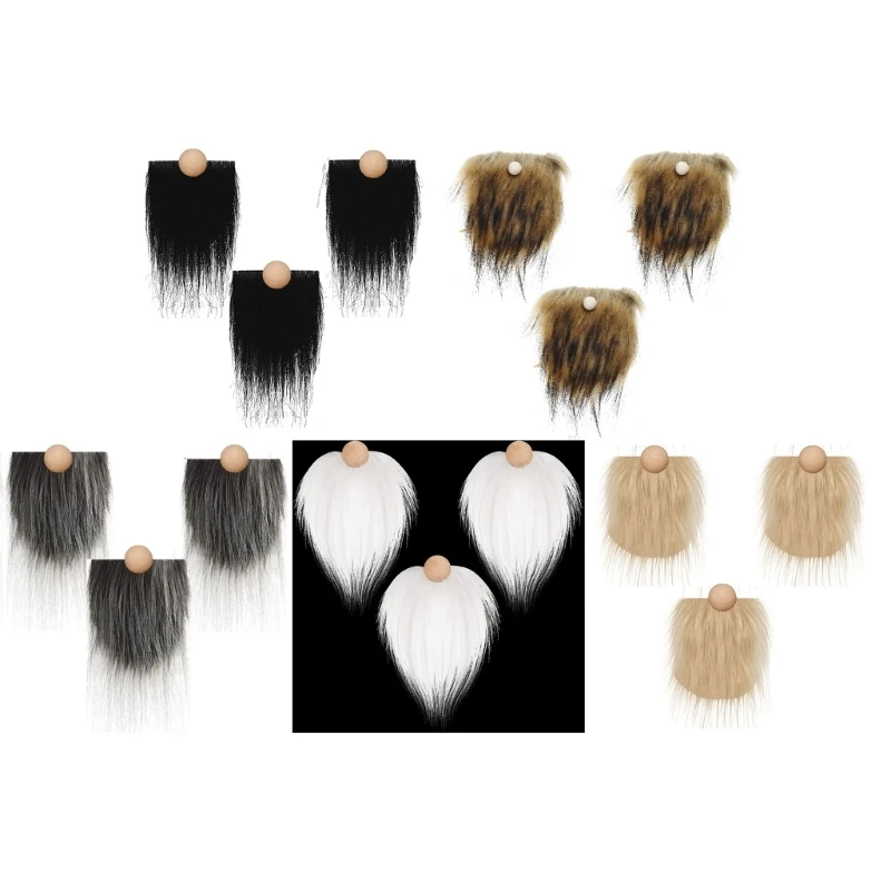 Gnome Beads and Fake Beards 6pcs/set Faux Fur Dwarf Beard Wood Bead