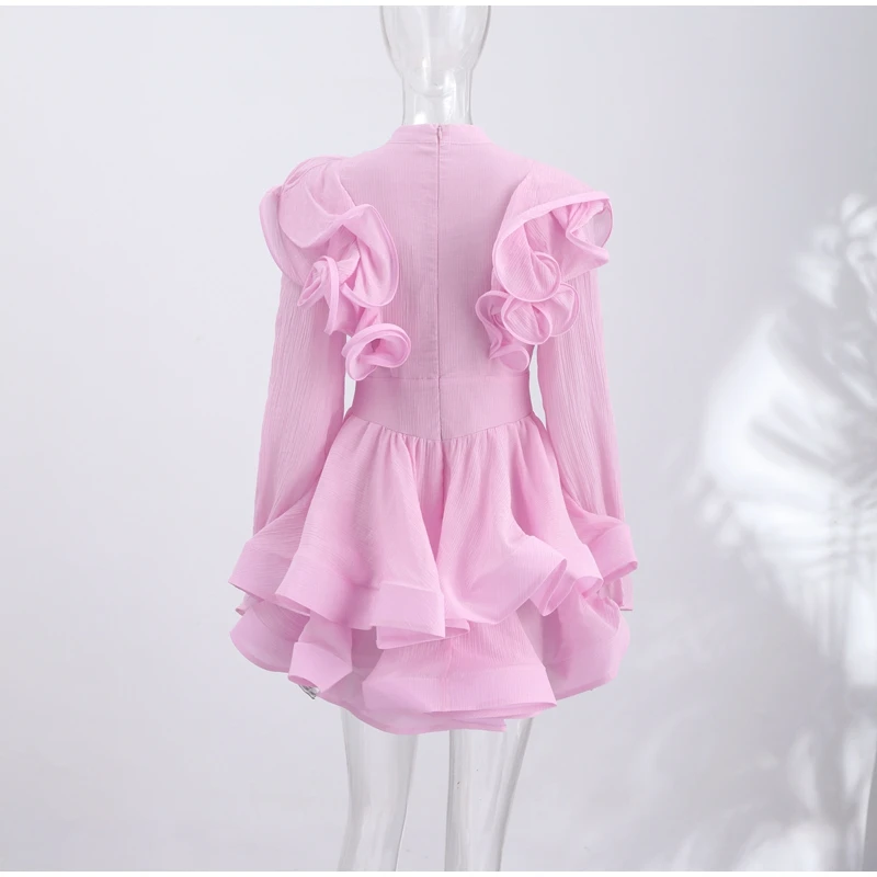 Solid Ruffle Mini Dress U Neck Long Puff Sleeve Tie Neck Tiered Hem Sweet Style Gown Soft Pastel Tones Fashion Chic Women Outfit