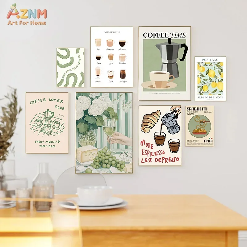 AZNM Retro Coffee Gin Tonic Drink Canvas Wall Art, Frameless Canvas Print Minimalist Beverage Illustration Art for Kitchen Bar H