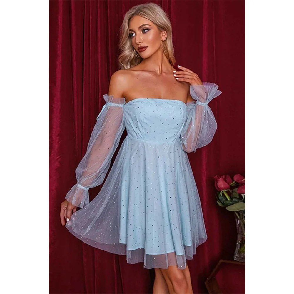 Elegant Pretty Blue Women Prom Dresses Strapless Full Sleeves A-Line Above Knee Length Shiny High Quality Female Party Gowns