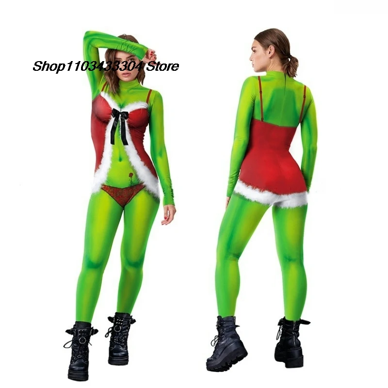 Nuevo Mono navideño para mujer, mono de manga larga con estampado de monstruo verde, fiesta navideña, disfraces divertidos de Cosplay, actuación