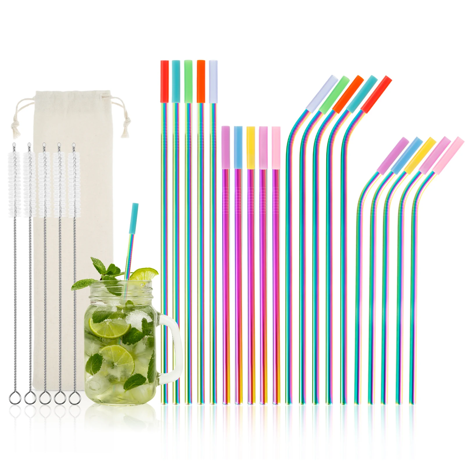 24/6pcs Stainless Steel Straws Reusable Curved Metal Drinking Straws with Clean Brush for Milk Water Cup Bar Party Drinks straw