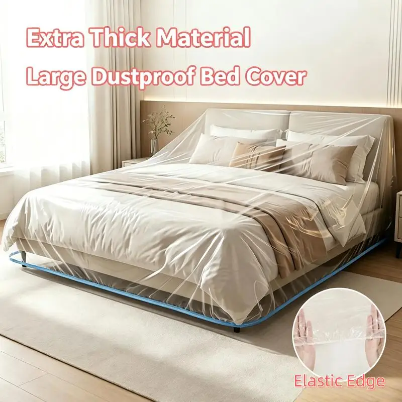 Extra Thick Clear Plastic Bed Cover Waterproof Dustproof With Elastic Edges For Moving Renovation Long Term Storage Home Use