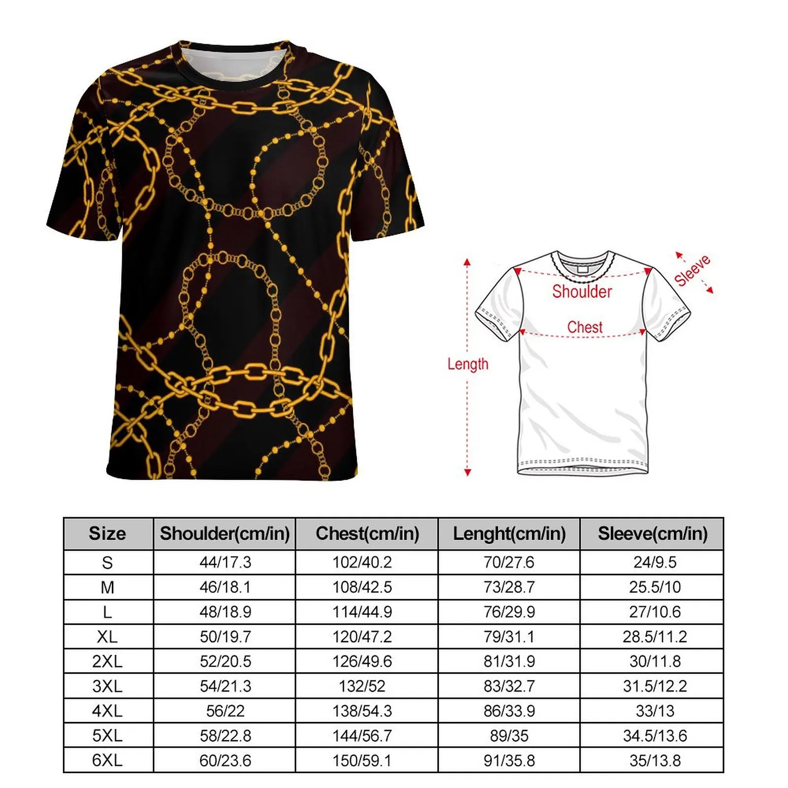 Golden Chain T-Shirt Links Print Modern T Shirts Short Sleeve Street Wear Tshirt Summer Pattern Tops 4XL 5XL 6XL