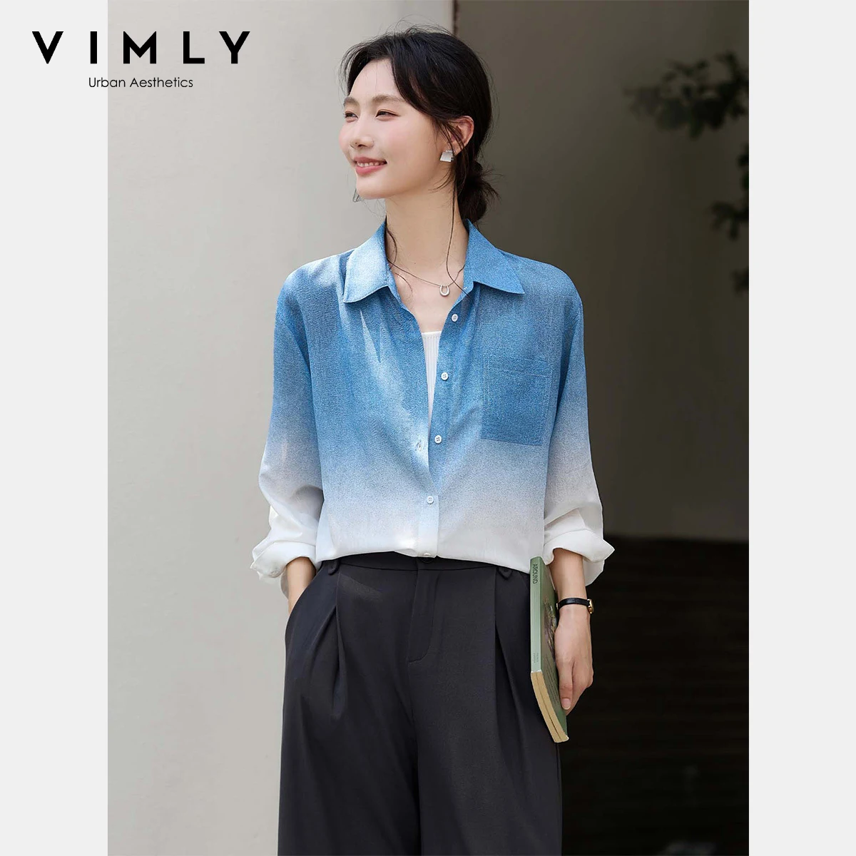 

VIMLY женские повседневные рубашки с разрезом и отложным воротником, женские блузки, осень 2021, свободные элегантные женские топы с карманами и градиентом A2818