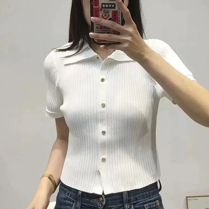 

Women White Cardigan Single Breasted Turn-down Collar Short Sleeve Casual Summer 2024 Sweater