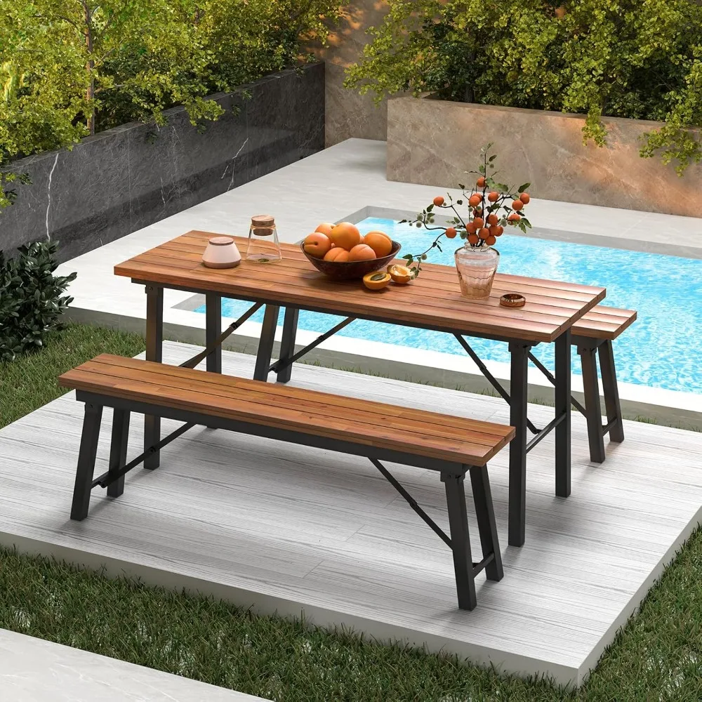 Folding Picnic Table Bench Set, Acacia Wood Dining Table Bench w/Metal Frame, Portable Camping BBQ Table Bench