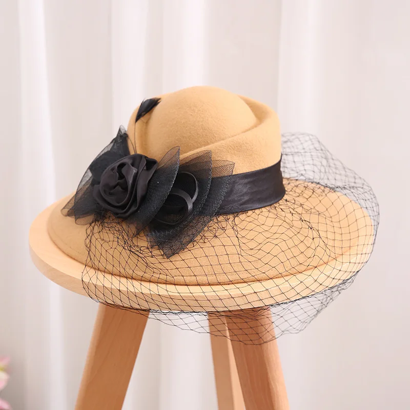 French Style Winter Large Brimed Wool Fedoras Mesh Flower Cocktail Banquet Party Pure Wool Warm Sombrero Fedora Hat Green Khaki