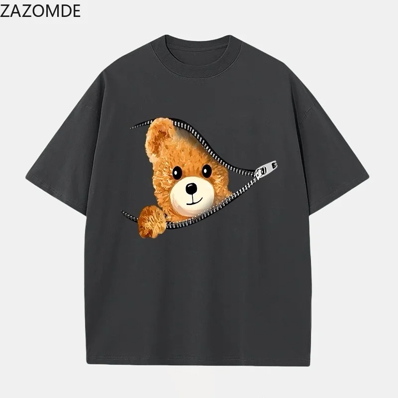ZAZOMDE Kawaii Cartoon Bear Peeking From Zipper Print T-shirt Men Women Harajuku Aesthetic Breathable Cotton Daily Tops Summer