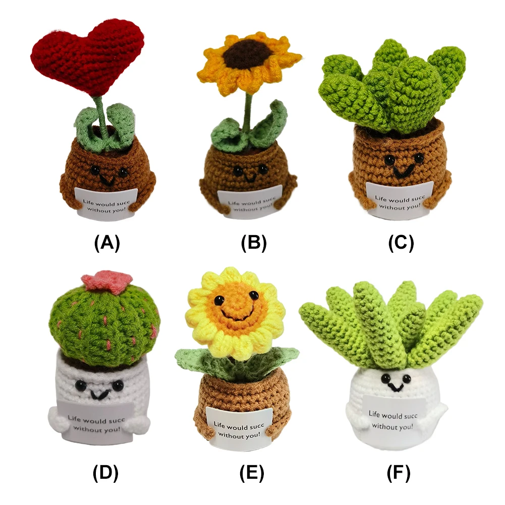 Knitted Potted Positive Toy with Card Positive Energy Plant Toy Creative Inspirational Crochet Dolls Birthday Gifts for Friends