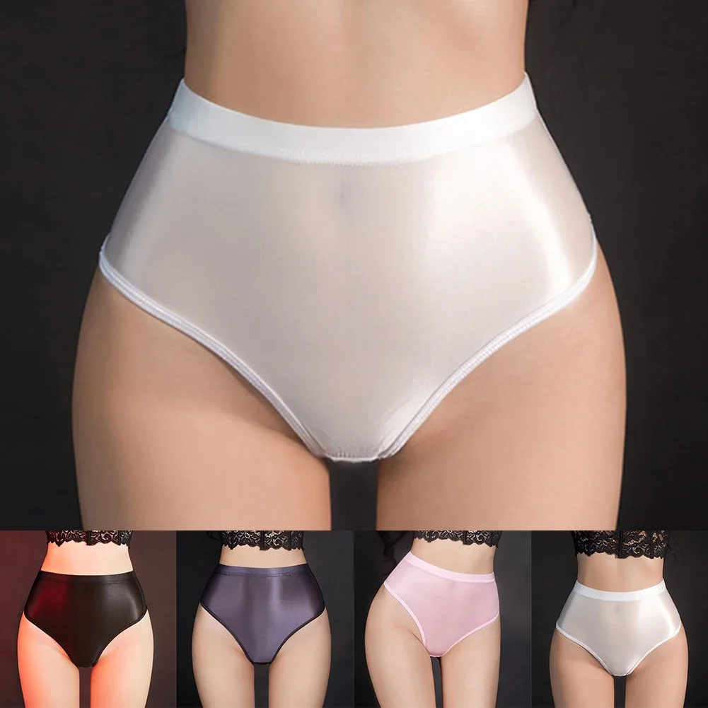 Sexy Women Panties Oil Shiny Sheer Briefs Ultra-thin See Through Knickers Hight Waist T-back Bikini Underwear Erotic Thongs