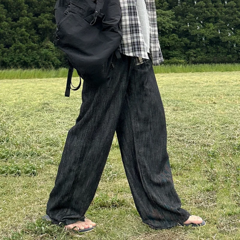 WTHT 패션 신상 남성 단색 루즈핏 캐주얼 팬츠 트렌디 한국 스타일 스트레이트 와이드 레그 트라우저 남성 2025 여름 2A1173