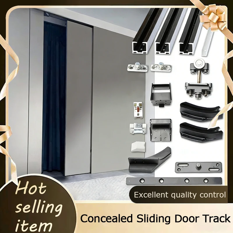 

Комплект фурнитуры для невидимых раздвижных дверей, бесшумный противоударный компактный комплект для спальни, гардероба, карманной дверной рельсовой системы