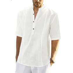 2023 New Men's Shirts Comfortable Casual Fashion Linen Shirts Men Solid Medium Sleeve T-shirt Summer Clothes for Men