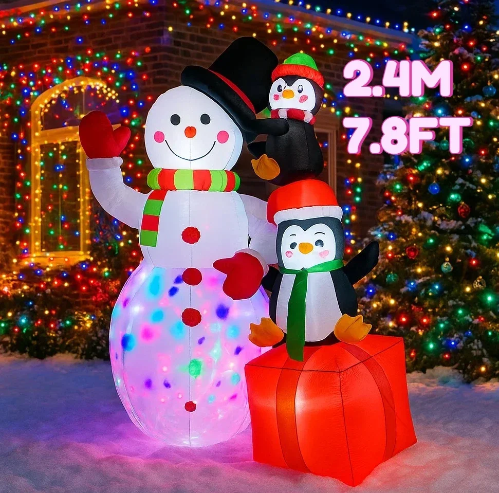 2.4M/7.8FT Christmas Decorations Inflatable Toy Snowman Penguin Stacking Home Yard Ornaments LED Light Christmas Party Decor Toy