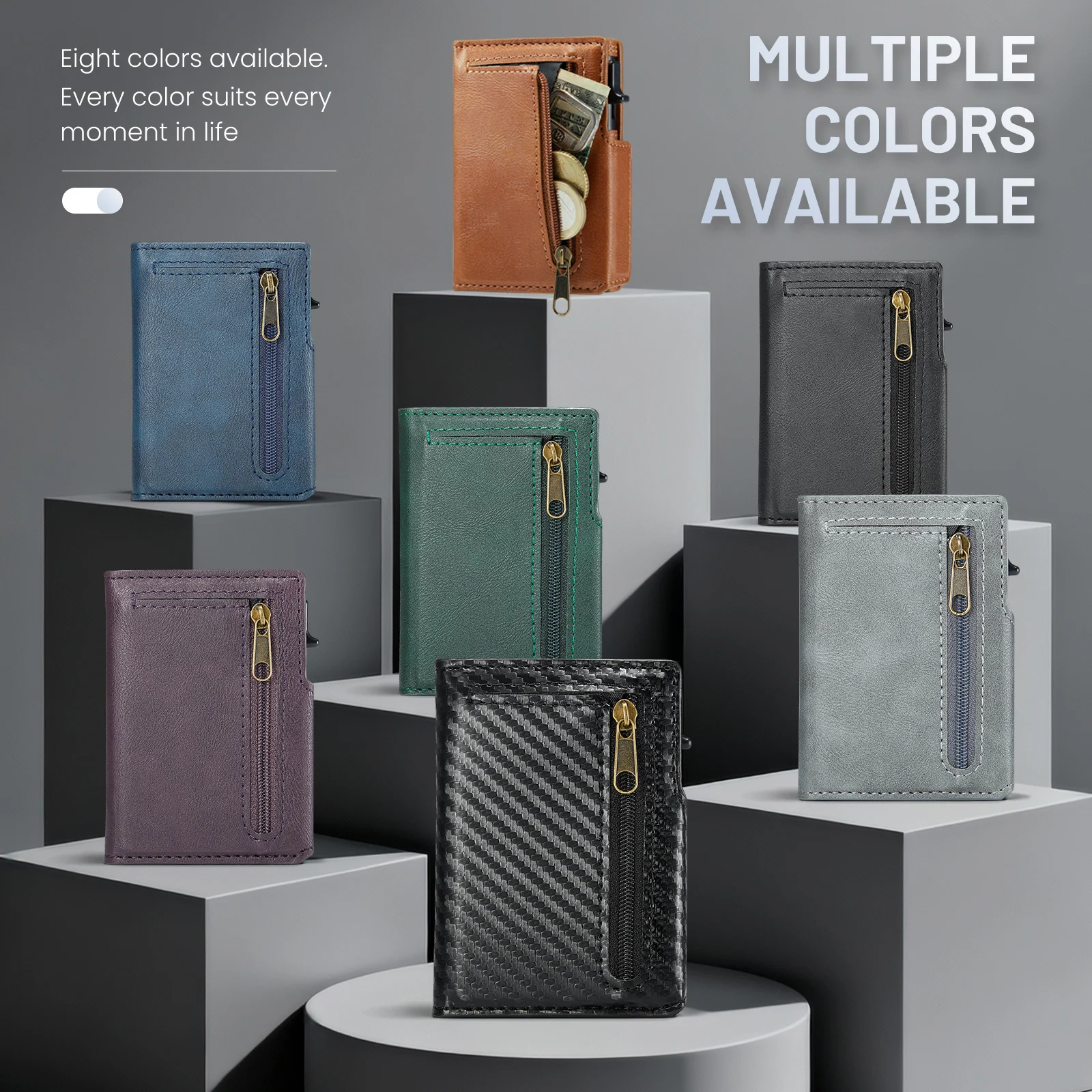 Men's Wallet Automatic Pop-Up Credit Card Case Ultra-Thin Rfid Anti-Theft Brush Metal Card Holder，Faux Leather with Magnetic Clo