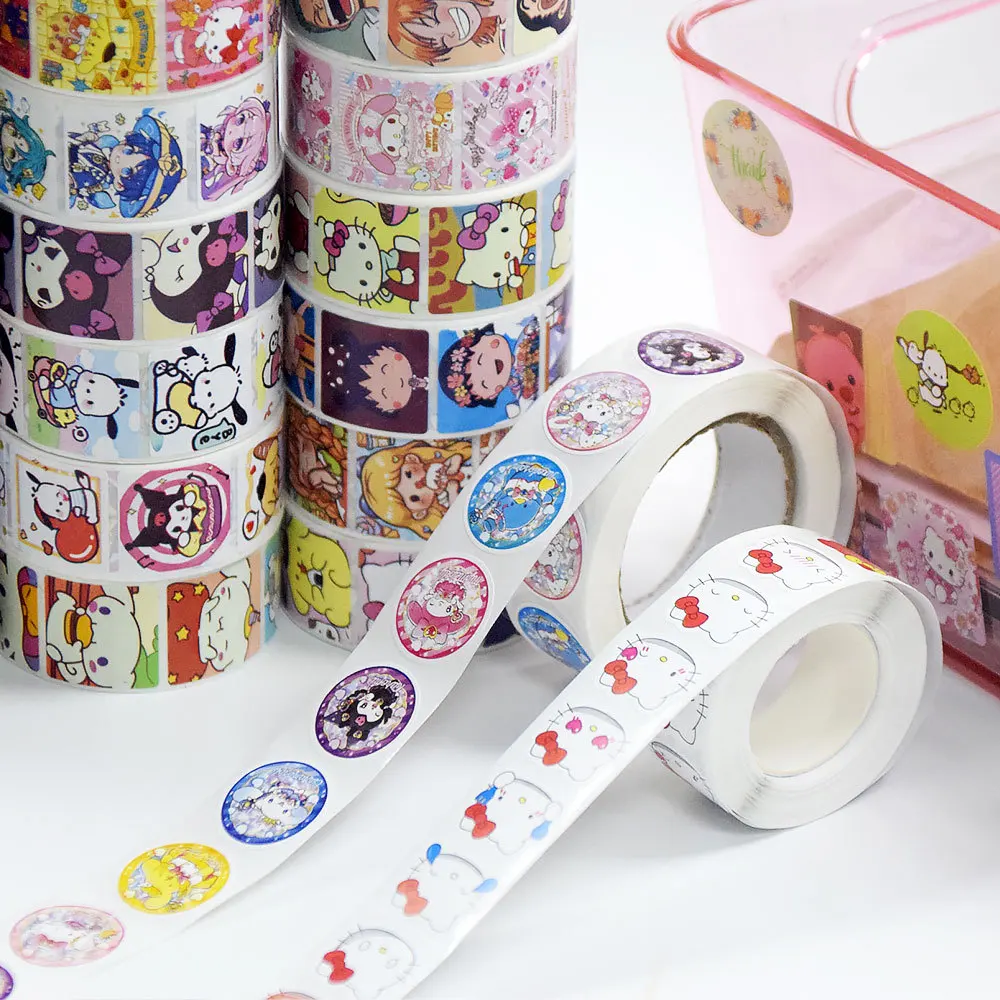 500Pcs/Roll Sanrio Kawaii Melody Hello Kitty Stickers Sealing Cute Decoration Decals DIY Anime Phone Fridge Kids Rewards Gifts