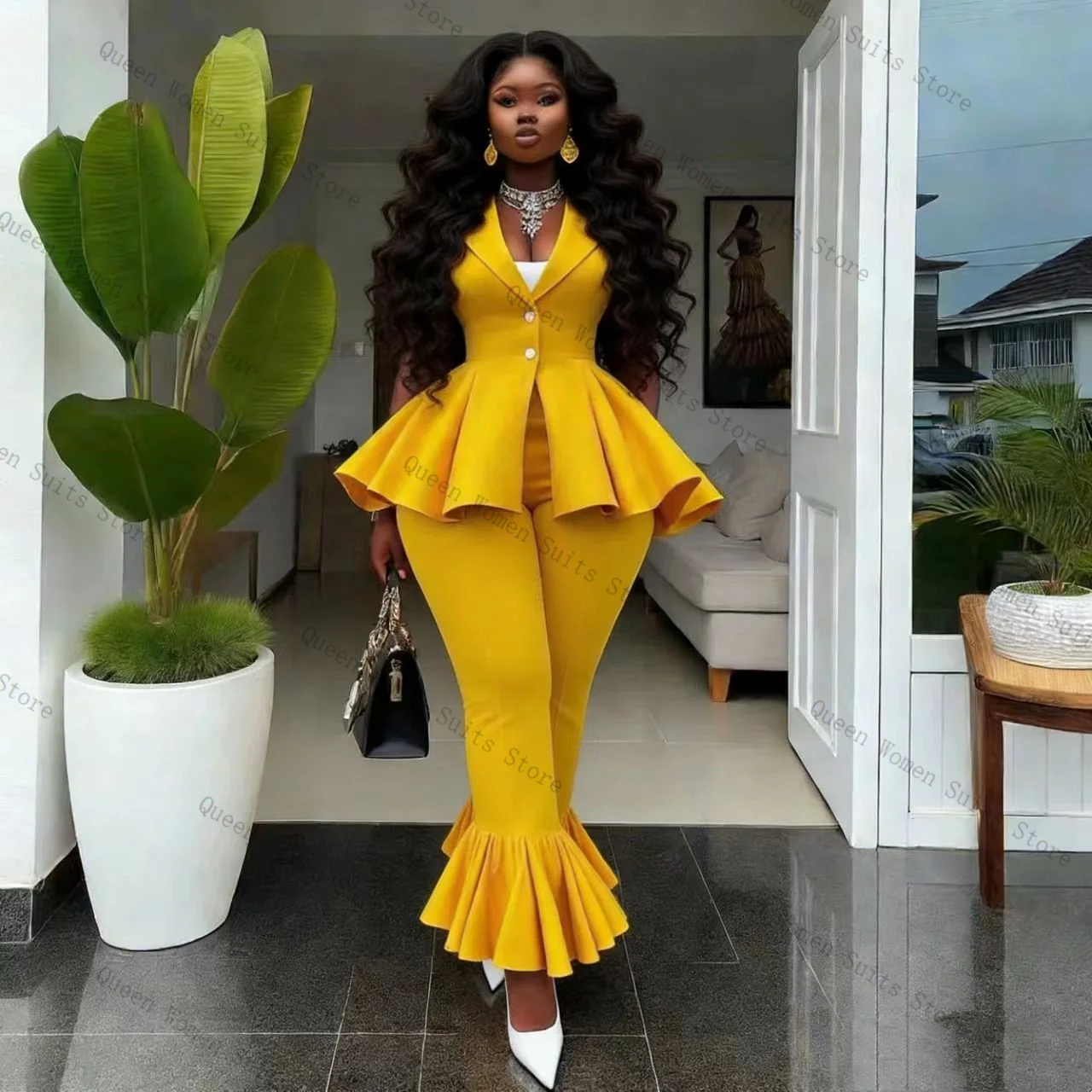 Yellow Women Suit Pants Set 2 Pcs Vest+Trousers Cotton Prom Formal Office Lady Jacket Sleeveless Wedding Coat Customized view 3