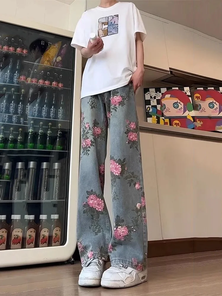 

Мужские джинсы с принтом розы, прямые брюки, длинные, высокие, летние, американские, High Street Vibe, повседневные свободные джинсовые брюки