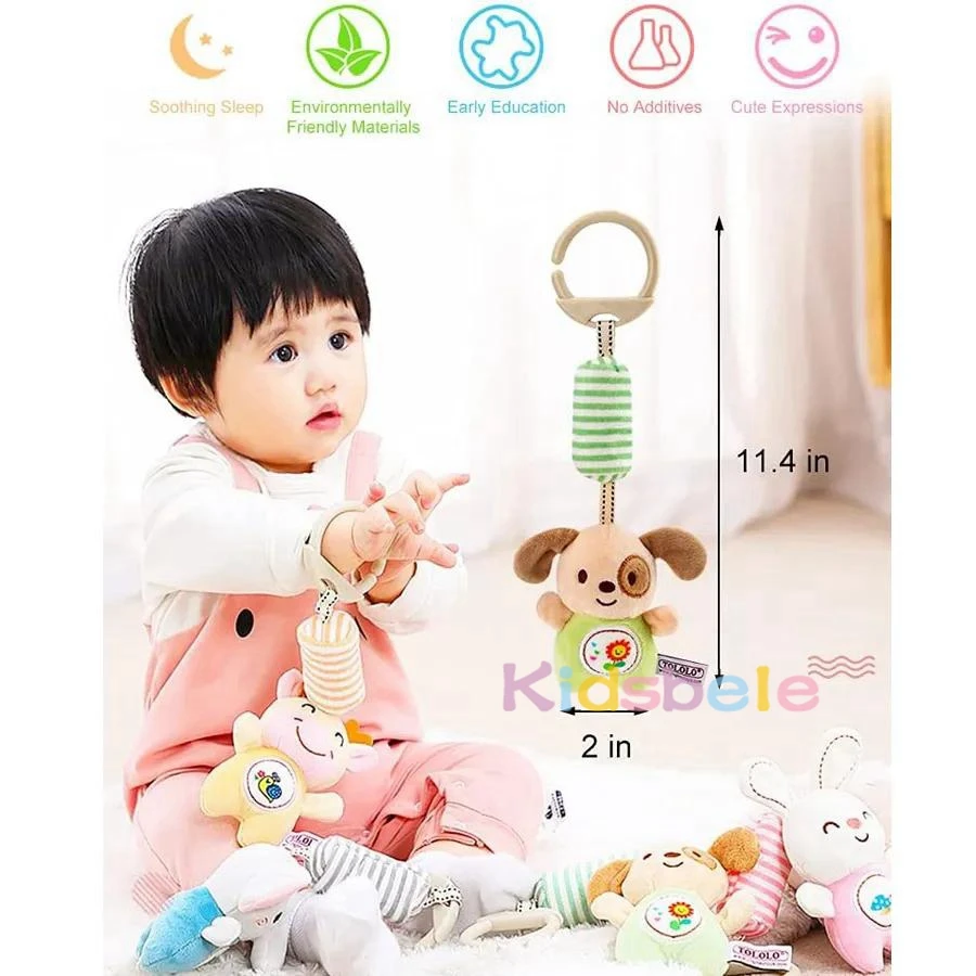 Cute Animal Plush Hanging Toy for Cribs & Car Seats – Early Education Sensory Toy with Teether & Mirror for Baby