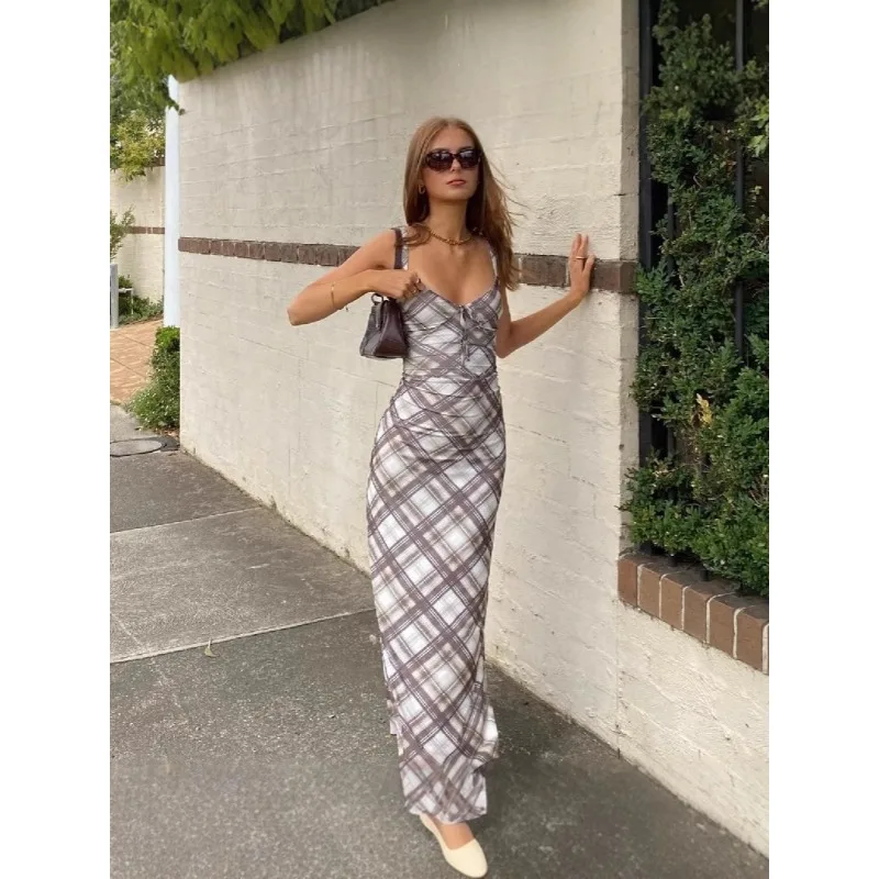 Vintage Plaid Print V Neck Midi Dress Women Summer Sexy Backless Spaghetti Straps Dress Y2K Club Party Slim All Match Vestidos