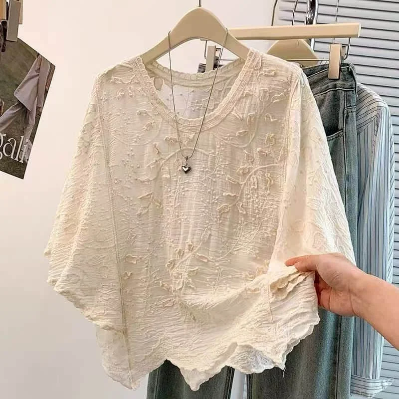 Crochet T-shirts for Women O-neck Sunscreen Lace Semi-sheer Fabric Tops Oversized Casual Korean Style Smock 2026 Summer Clothes