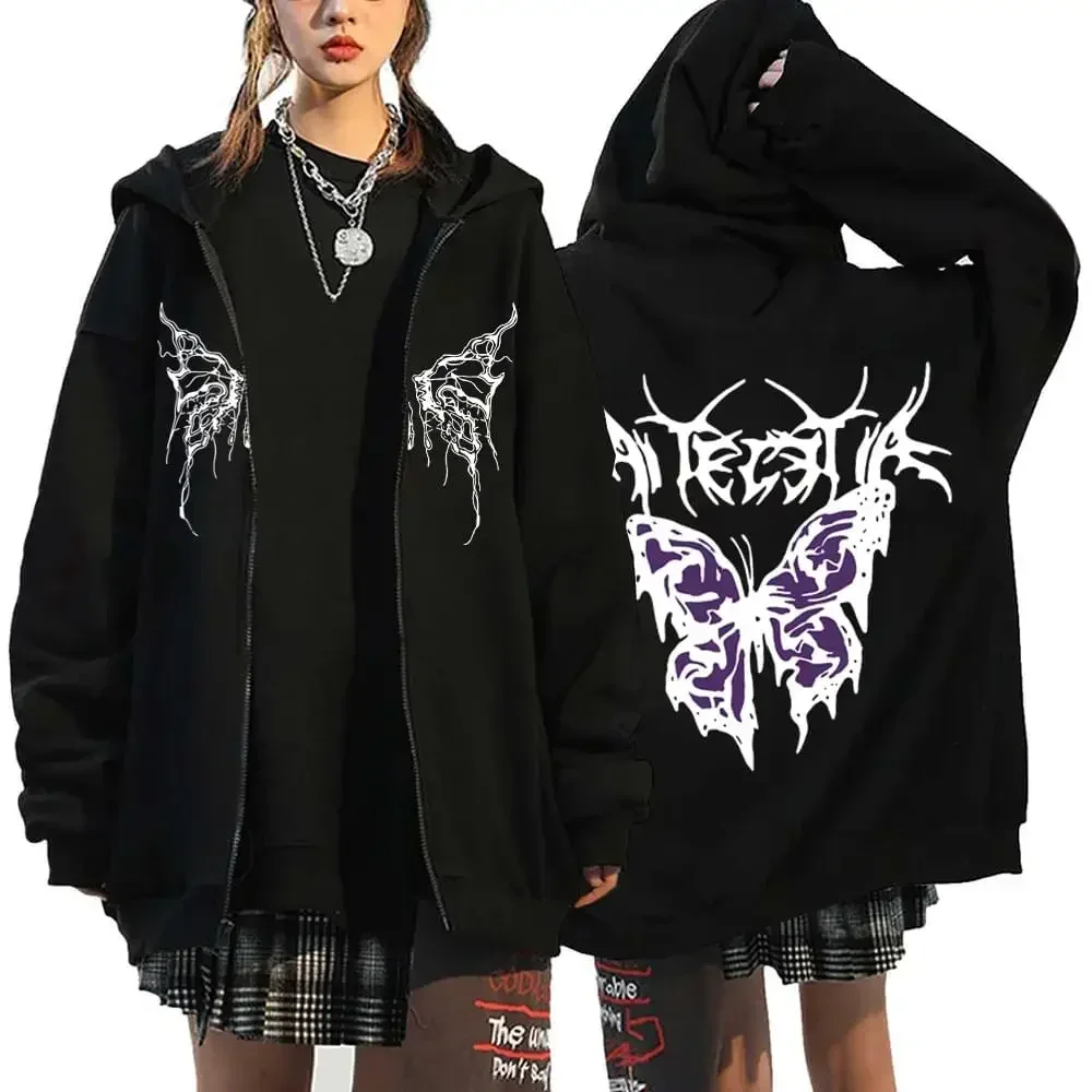 Gothic Skeleton Hoodies Female Skull Wing Zipper Jacket Streetwear Y2k Hoodie Spring and Autumn Sweatshirts Thin Fleece Sweater