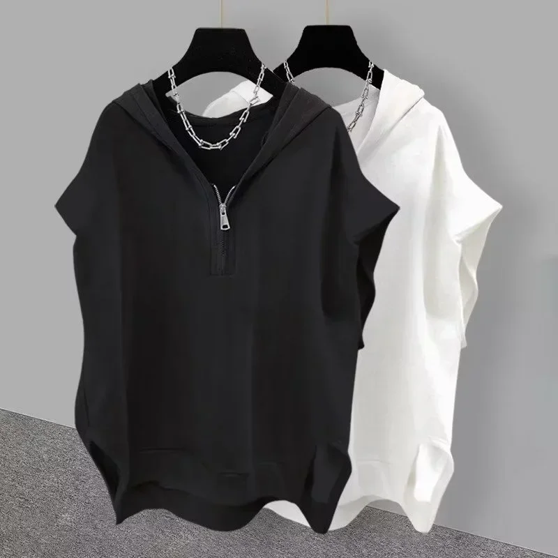 

Summer Zipper Hooded Sleeveless T-shirt Men's Korean Fashion Tank Tops 2025 New Y2K Streetwear Casual Vests Hip Hop Tee Shirts