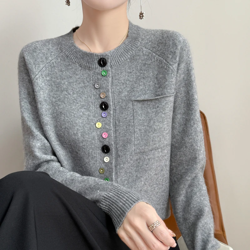 2025 New Fashion Spring O-neck Long Sleeve Cardigan Women\'s 100% Merino Wool Sweater Cardigan Color Button Knit Top Women\'s