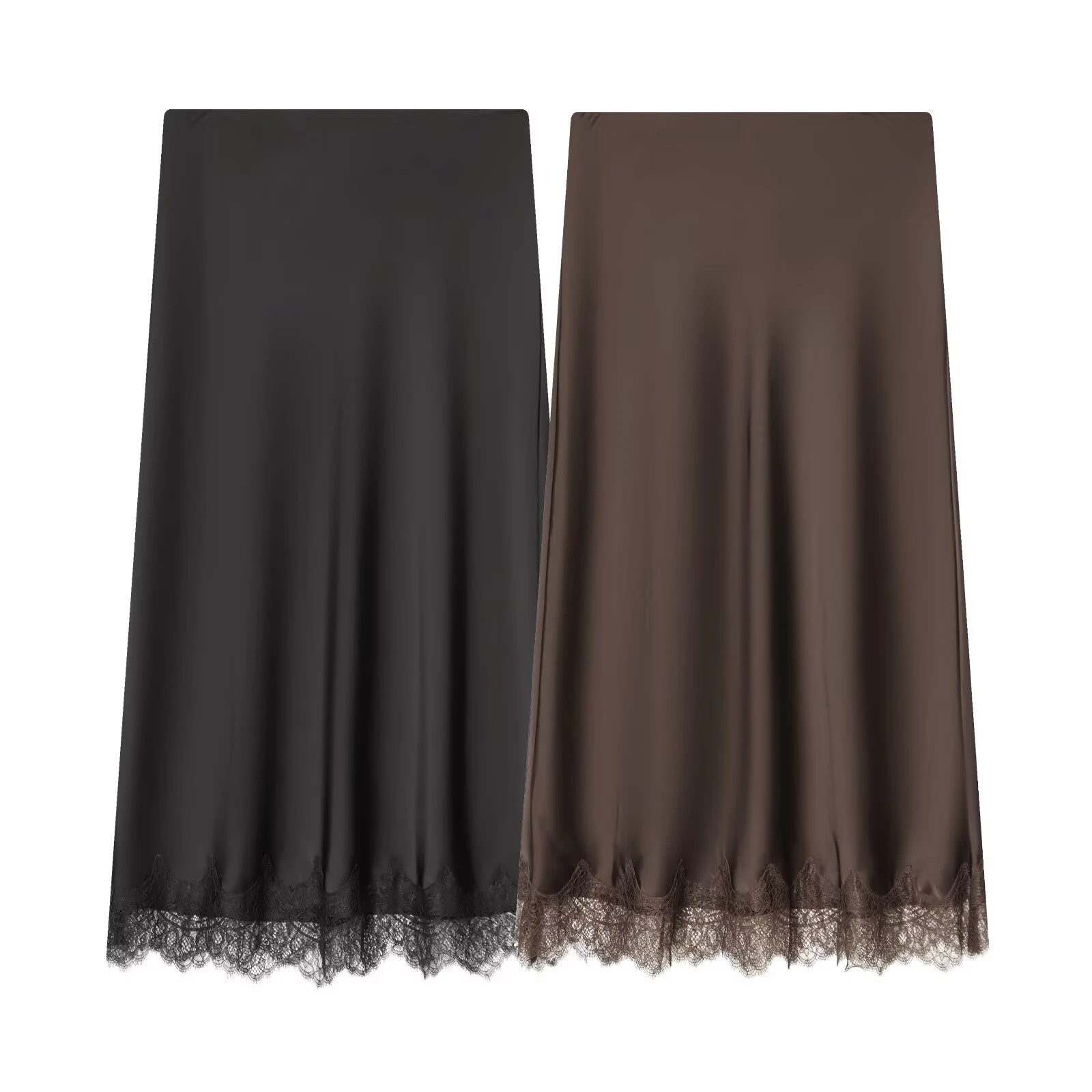 Winter new women's clothing European and American style high waisted lace trim hem silk satin texture MIDI skirt