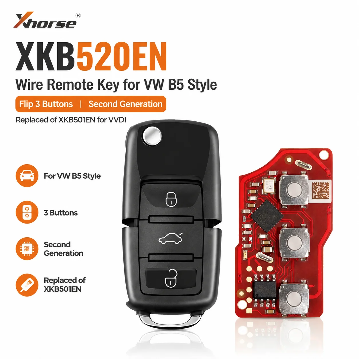 Xhorse XKB520EN Wire Remote Key for VW B5 Style Flip 3 Buttons Car Remote Key Second Generation Replaced of XKB501EN for VVDI