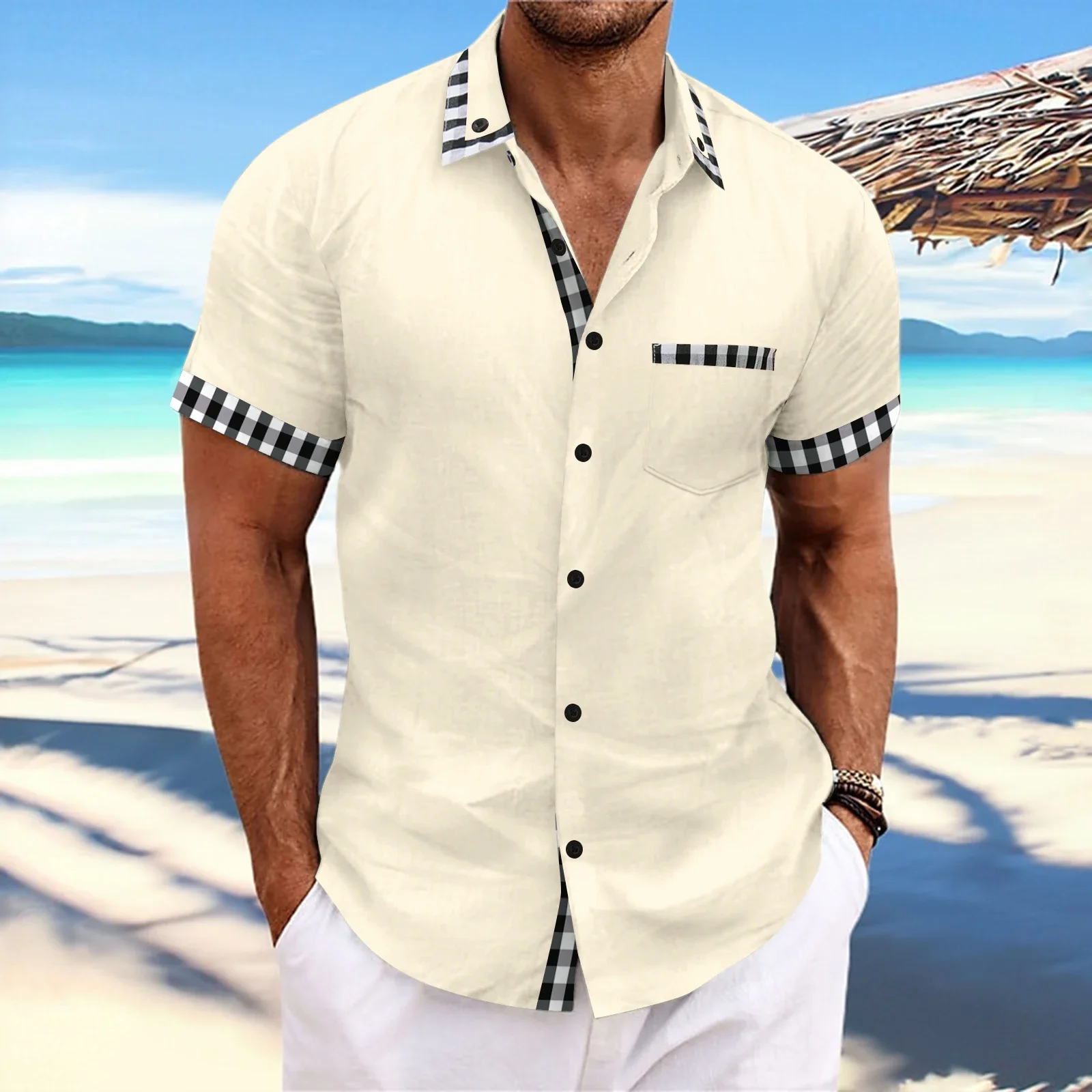 Summer 2024 new men\'s double lapel single-breasted slim top Men\'s fashion patchwork solid color high street short-sleeved shirt