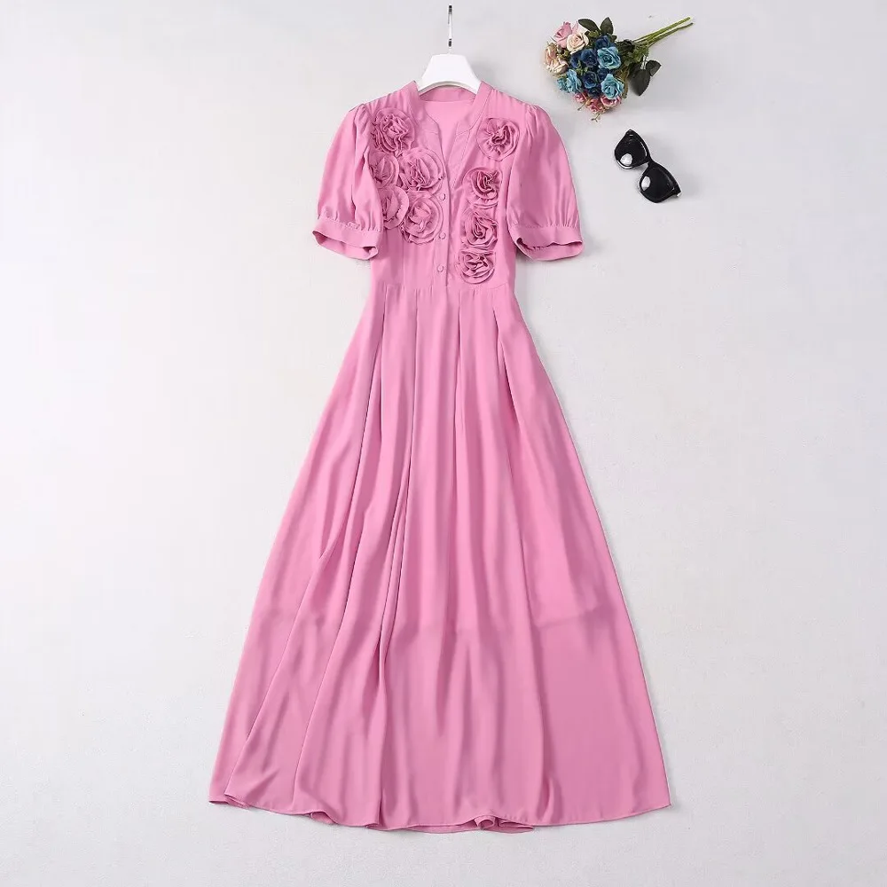 

European and American women's clothing 2024 summer new V-neck Short-sleeved flower tray fashion Pleated dress XXL