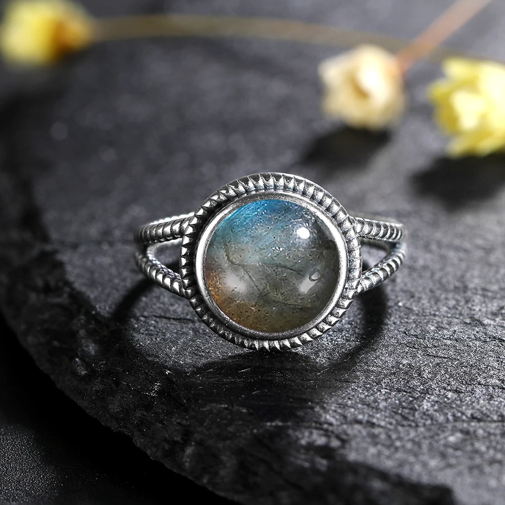 Unisex 10mm Natural Labradorite Ring in 925 Silver
