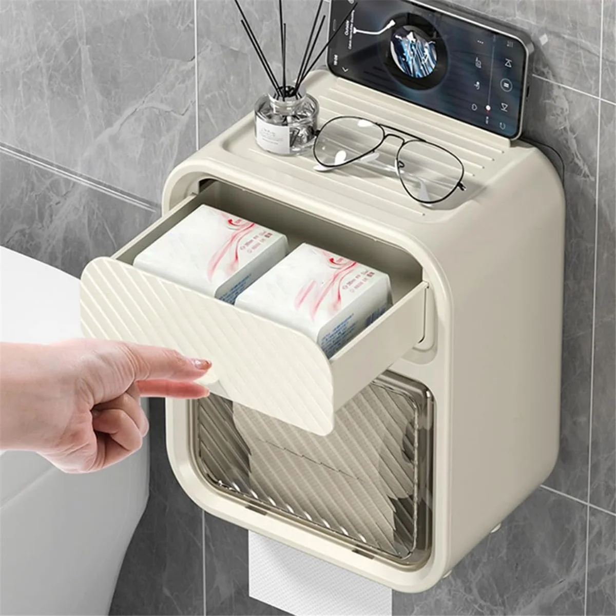 Waterproof Roll Toilet Paper Holder with Storage Wall Mounted, Adhesive Tissue Storage Box with Shelf for Bathroom